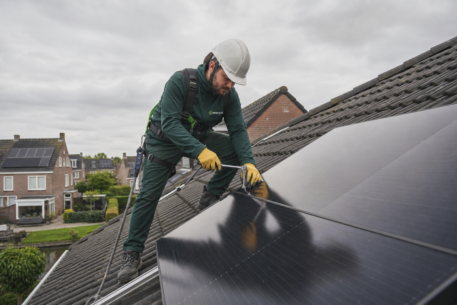 Enerlynk-monteur die zonnepanelen op een woning installeert